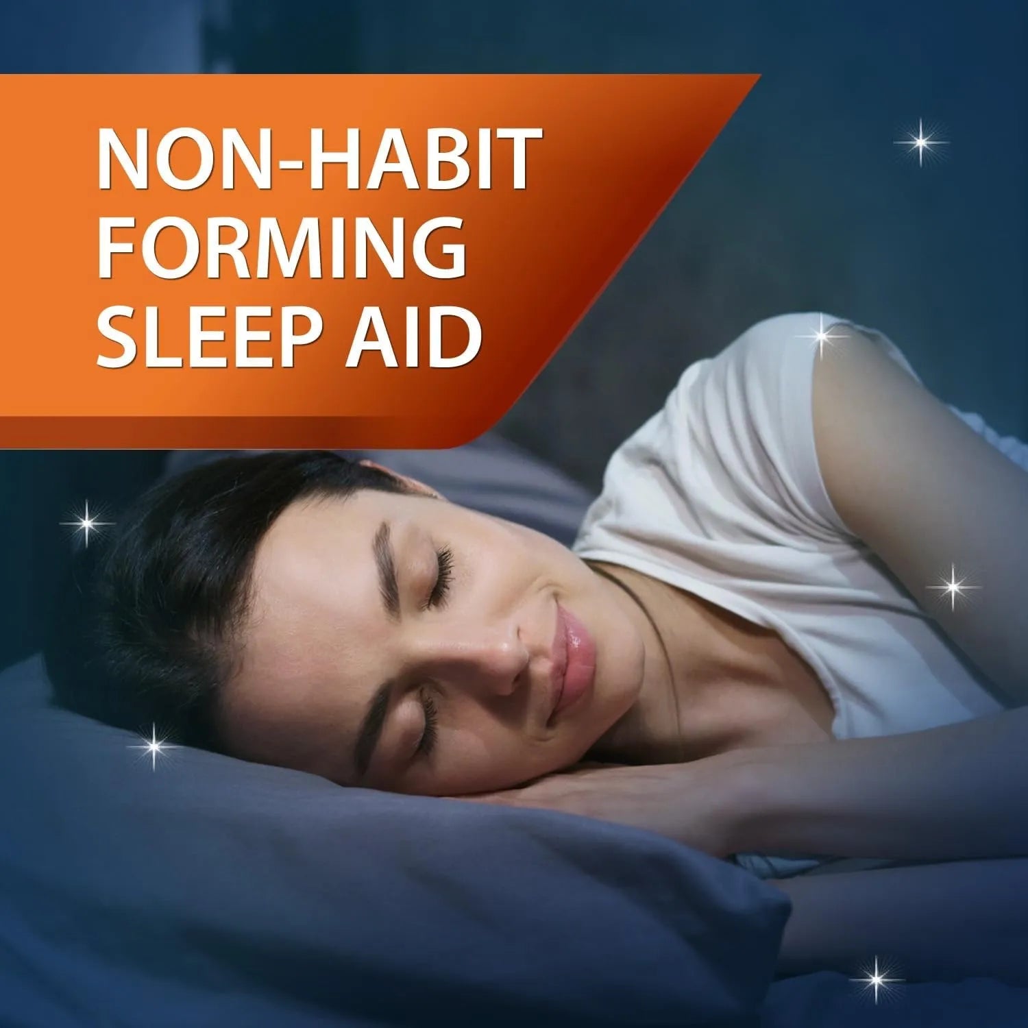 Woman sleeping peacefully at night using Unisom non-habit forming nighttime sleep aid
