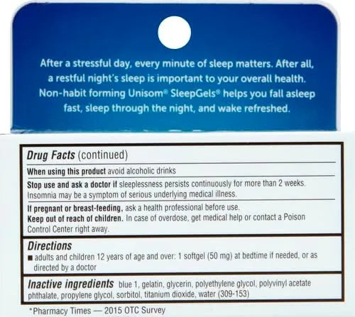 Unisom SleepGels drug facts and directions showing diphenhydramine HCl 50 mg nighttime sleep aid information