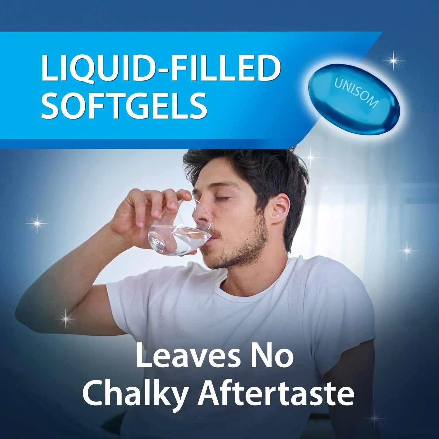 Liquid-filled Unisom SleepGels softgel taken with water for fast-acting nighttime sleep aid without chalky aftertaste