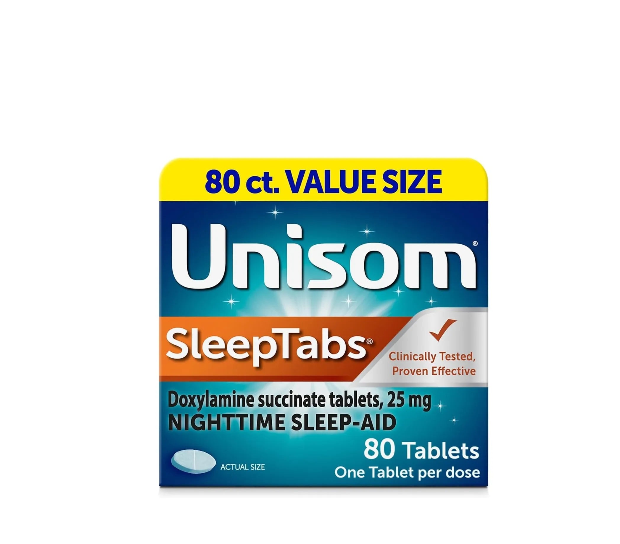 Unisom SleepTabs nighttime sleep aid with doxylamine succinate 25 mg, 80 tablet value size box front view