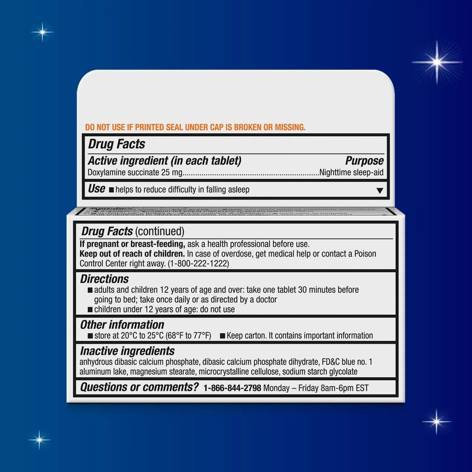 Unisom SleepTabs drug facts label showing doxylamine succinate 25 mg dosage, directions, and safety information